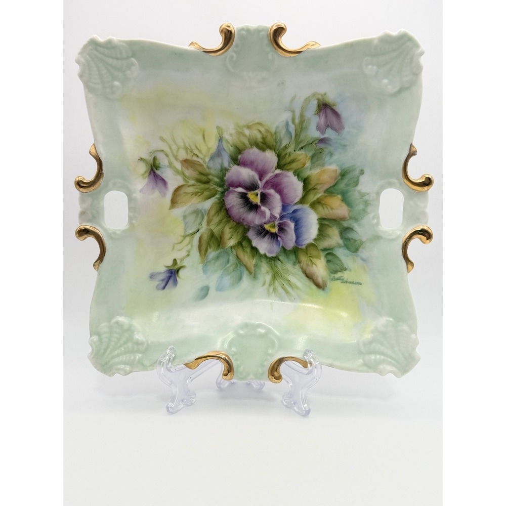Vintage Porcelain Hand Painted Pansy Pansies Violet Trinket Dish signed Betty